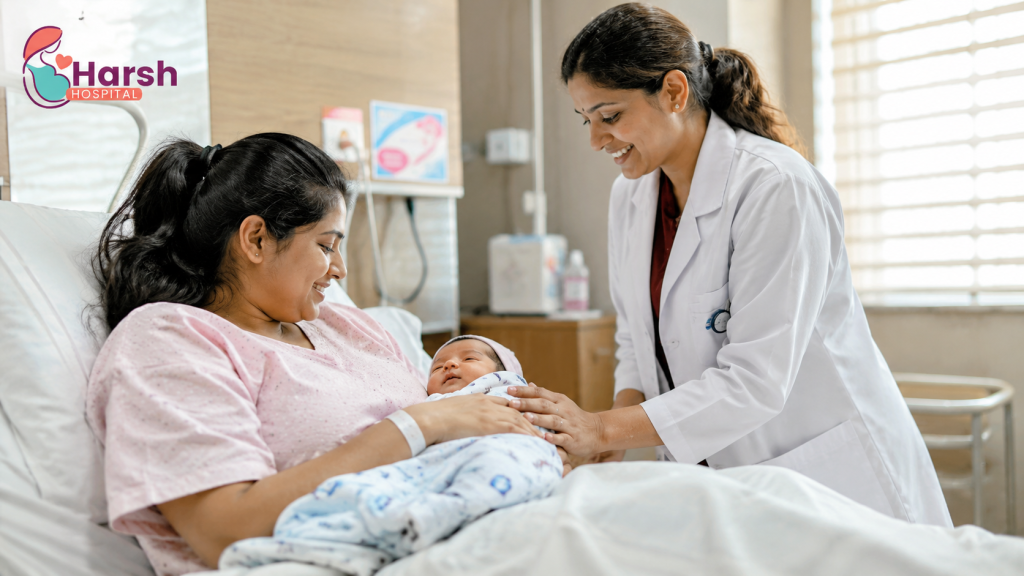 Mother and newborn cared for at a local Normal Delivery Hospital in Himatnagar
