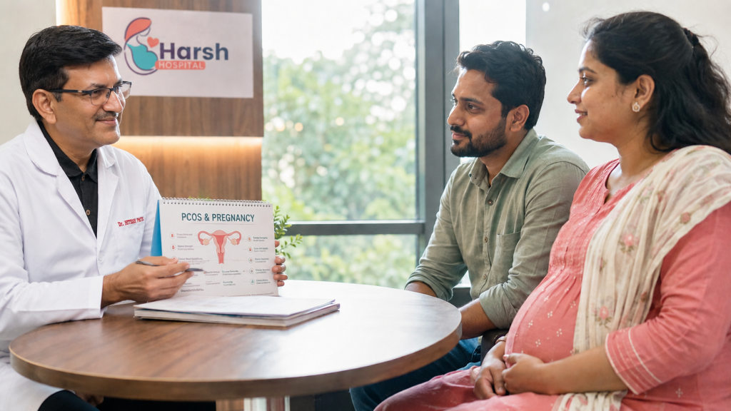 Doctor counselling a happy expecting couple about PCOS and Pregnancy at Harsh Hospitals
