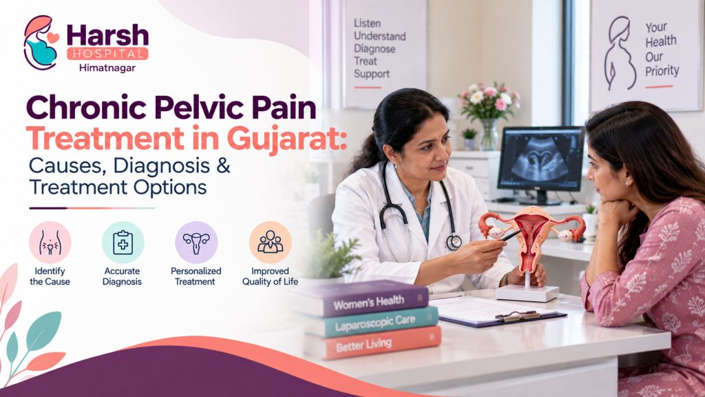 Chronic pelvic pain treatment in Gujarat with a gynecologist explaining diagnosis and treatment using a female reproductive system model