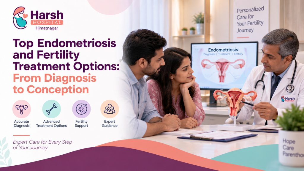 Endometriosis and fertility treatment consultation showing a doctor discussing diagnosis and treatment options with a couple