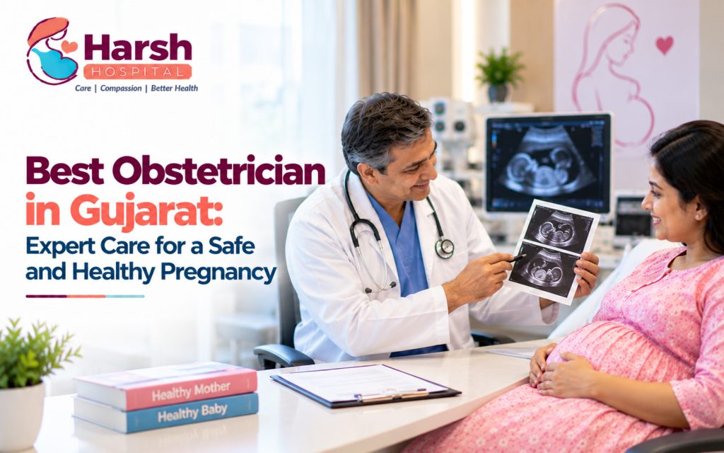 best Obstetrician in gujarat consulting an expectant mother about pregnancy care at Harsh Hospitals in Himatnagar, Gujarat