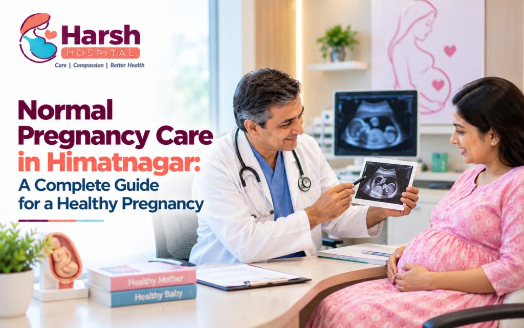 Gynecologist performing a normal pregnancy care in himatnagar for an expectant mother at Harsh Hospitals,