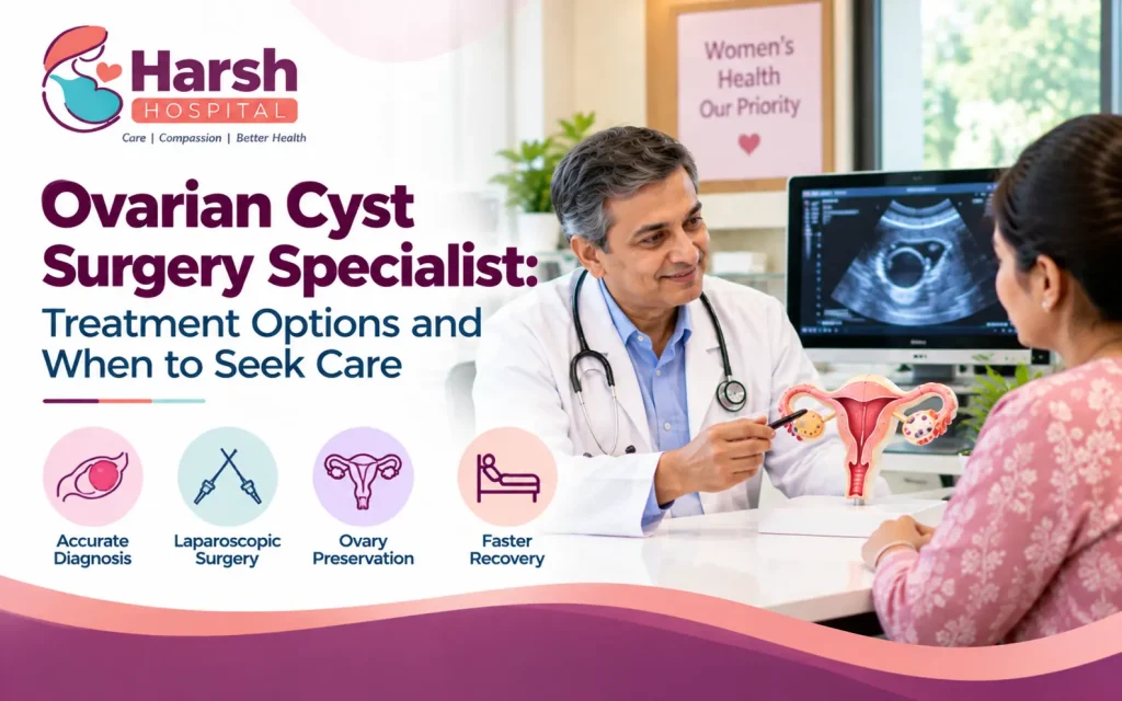 Ovarian Cyst Surgery Specialist explaining diagnosis, laparoscopic surgery, ovarian preservation, and treatment options to a patient