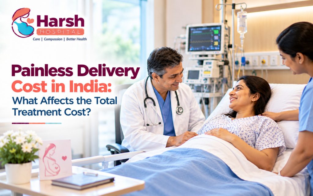 Anesthetist and obstetrician explaining painless delivery cost with epidural pain relief to a mother at Harsh Hospitals