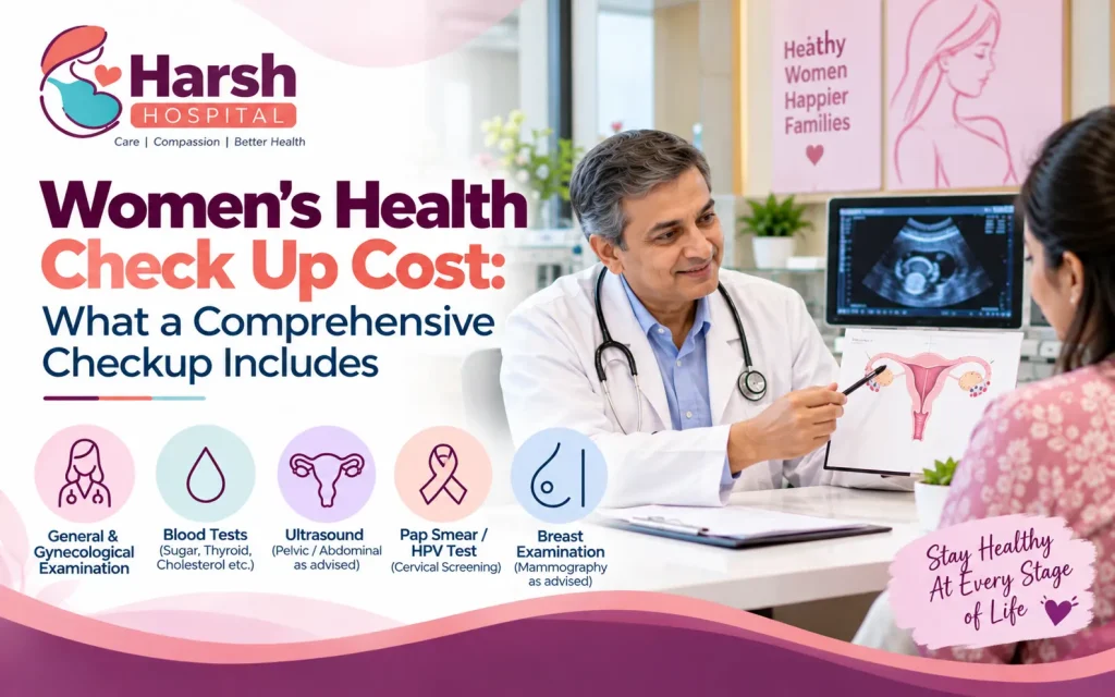 Women's Health Check up Cost guide covering gynecological examination, blood tests, pelvic ultrasound, Pap smear, HPV testing, and breast examination